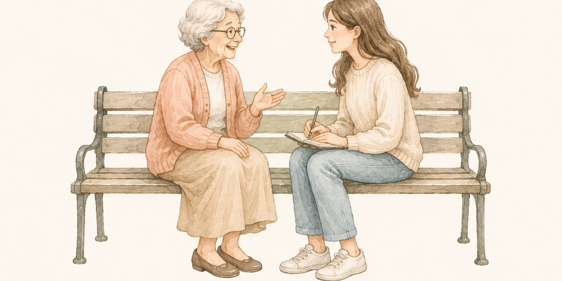 Watercolor illustration of an older woman and a student talking together on a bench
